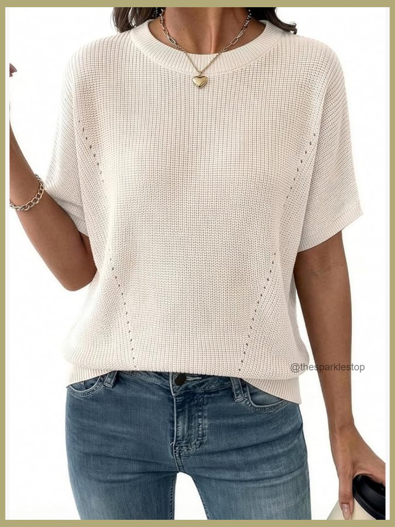 Short Sleeve Lightweight V Neck Pullover Tunic Sweater Rib Knit